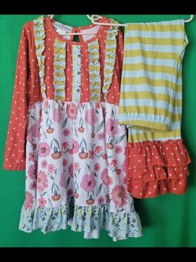 Adorable Sweetness Coral & Yellow Floral Ruffle Dress Set Girls Sz 8 LS Pant